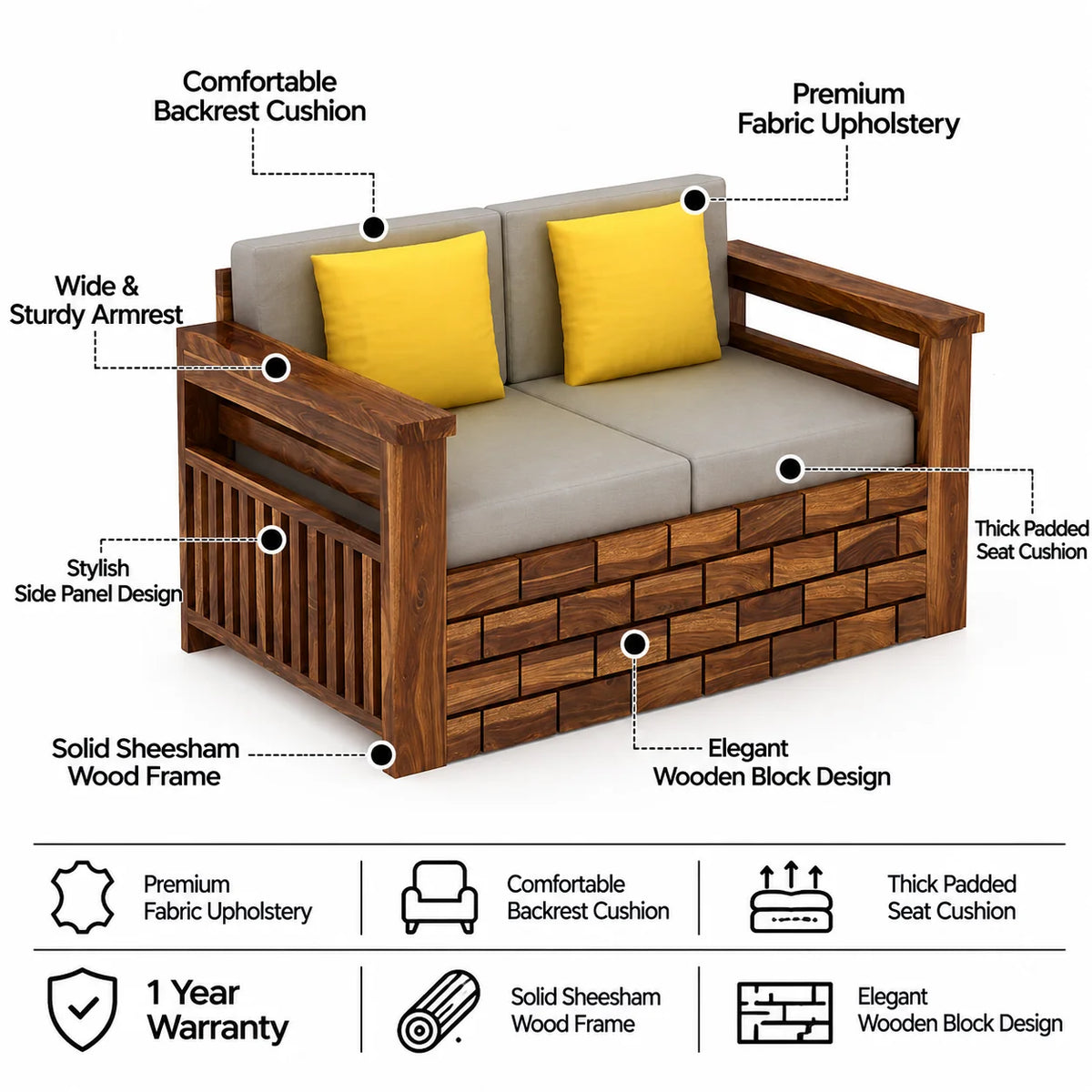 Italian Solid Sheesham Wood Two Seater Sofa - 3 Years Warranty