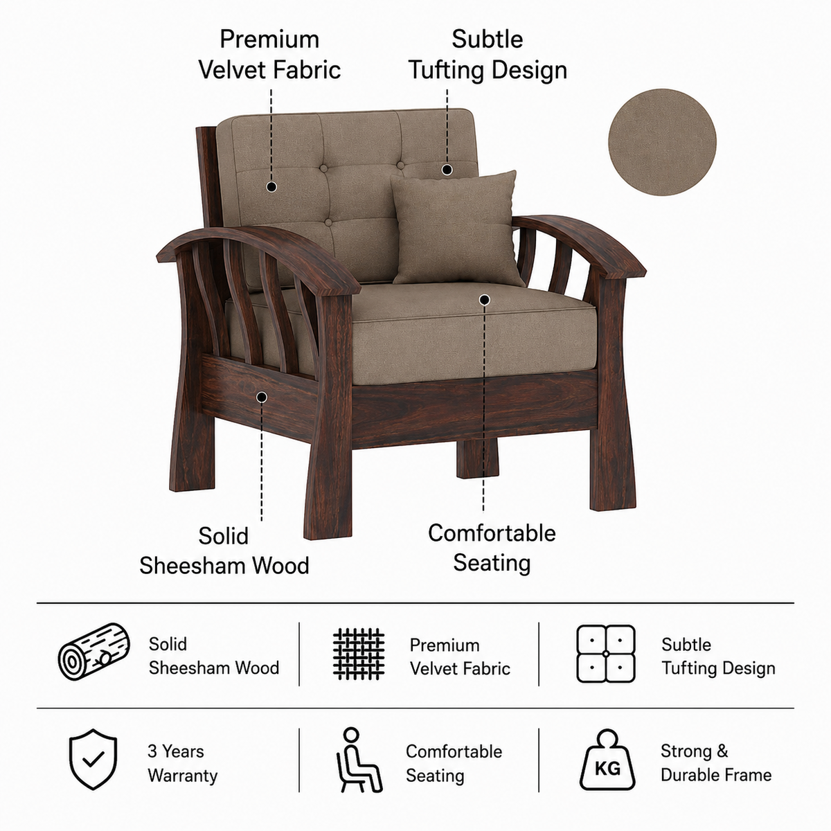 CROWN Solid Sheesham Wood Single Seater Sofa - 3 Year Warranty (LUXE EDITION) features