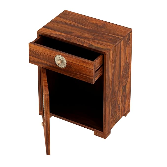 Cosmos Cane Solid Sheesham Wood Bedside With Drawer and Door Storage - 3 years Warranty