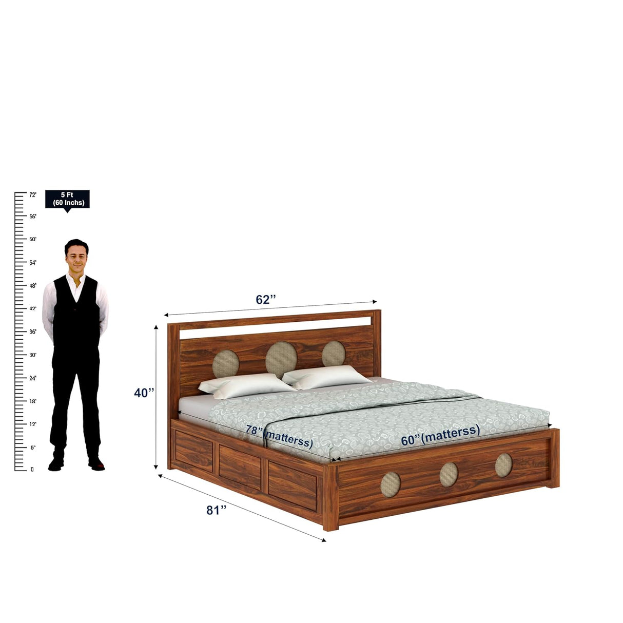 Cosmos Solid Sheesham Wood Bed With Box Storage - 3 years Warranty