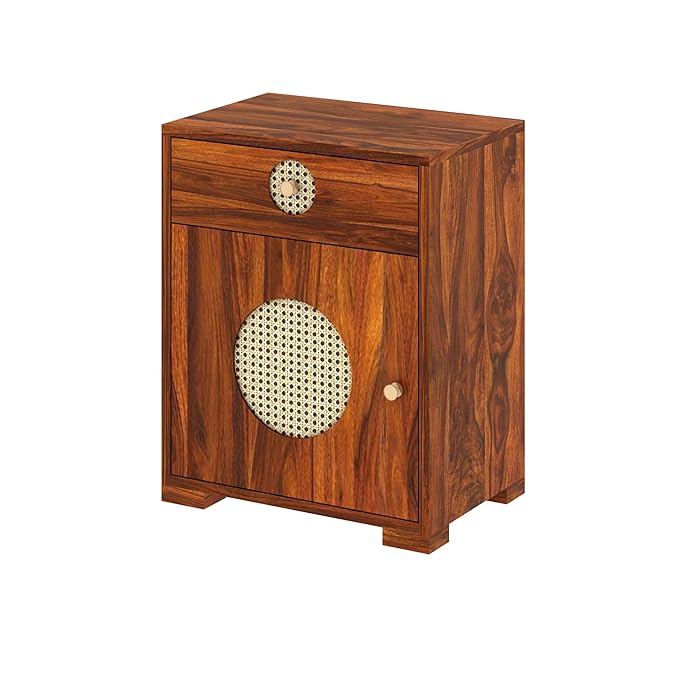 Cosmos Cane Solid Sheesham Wood Bedside With Drawer and Door Storage - 3 years Warranty
