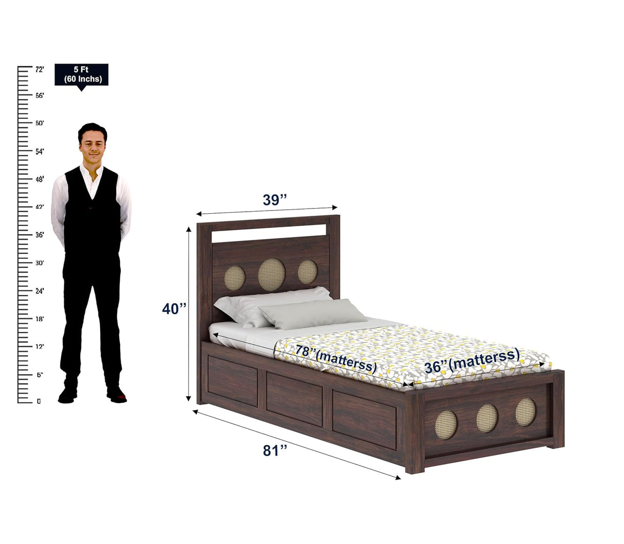 Cosmos Solid Sheesham Wood Single Size Bed With Box Storage - 3 years Warranty