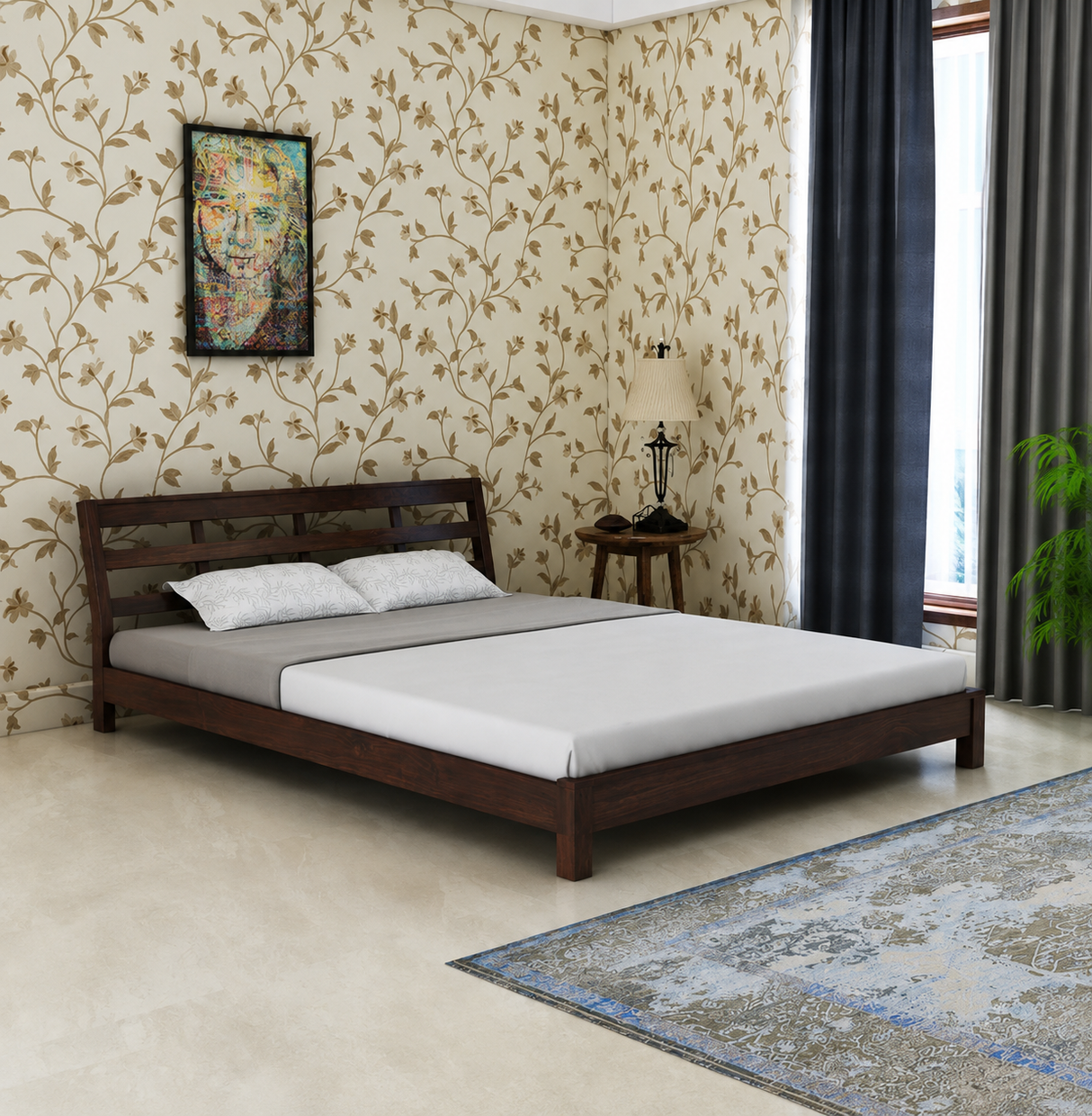 LATIN New Low Height Solid Sheesham Wood Bed Without Storage - 3 Years Warranty