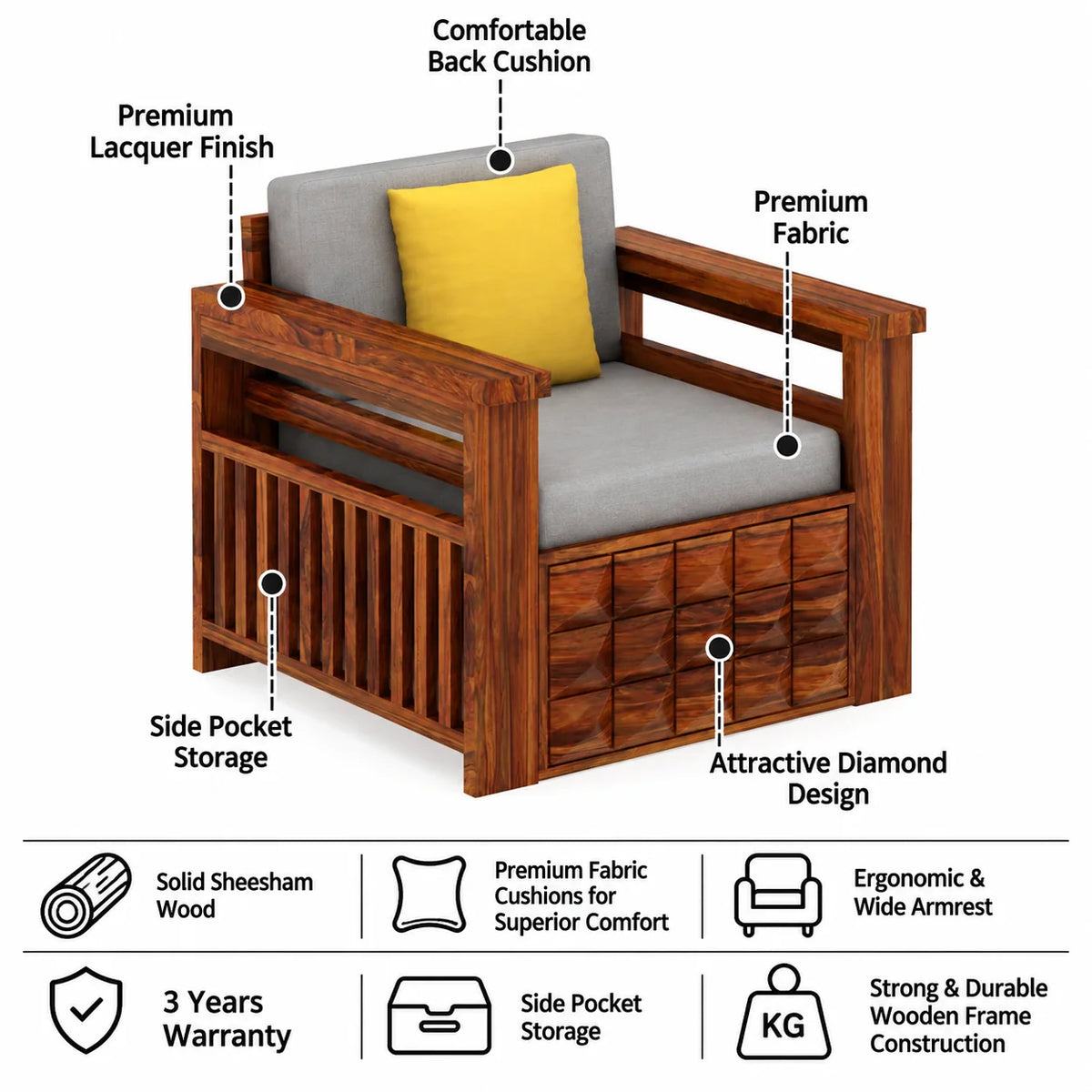 Oslo Solid Sheesham Wood Single Seater Sofa With Side Pockets - 3 Years Warranty