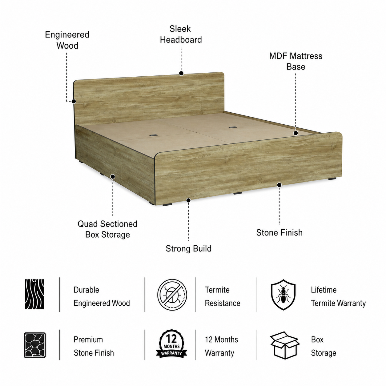 SMITH Engineered Wood Bed with Box Storage (STONE) - 12 Months Warranty features