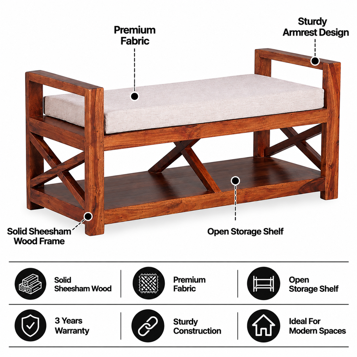 Foster Solid Sheesham Wood Bench - 3 Years Warranty
