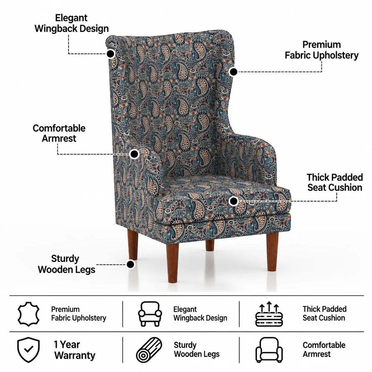Manali Wing/Relax Sofa Chair With Wooden Legs - 1 Years Warranty