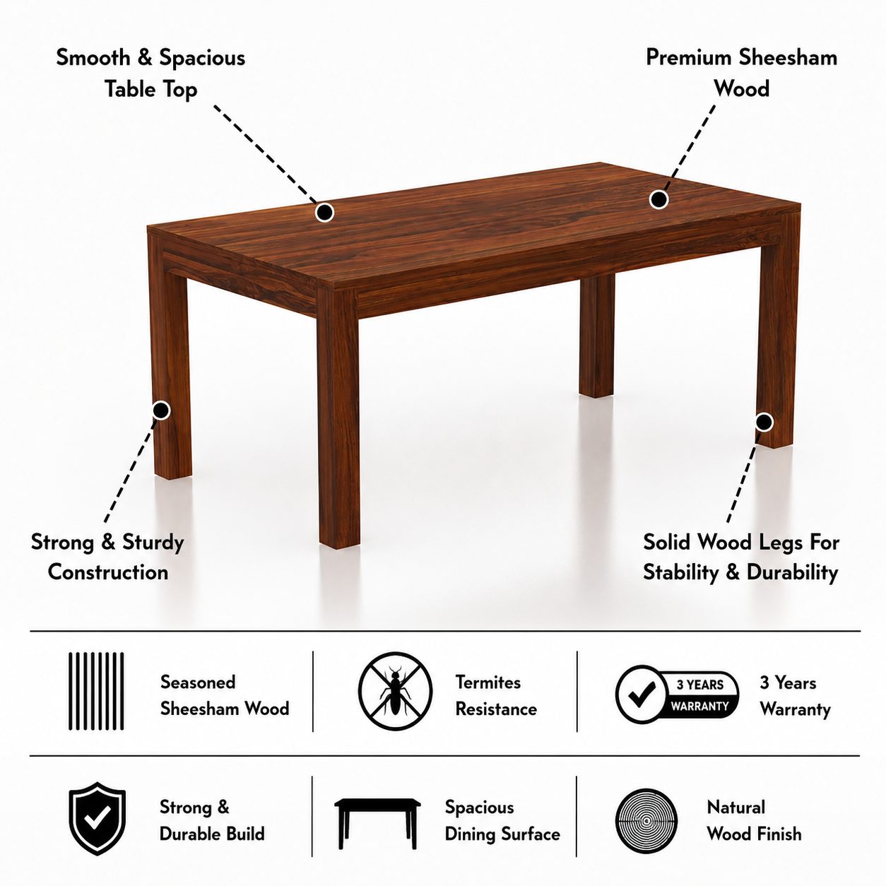 Mark Solid Sheesham Wood 6 Seater Dining Table Set - 3 Years Warranty features