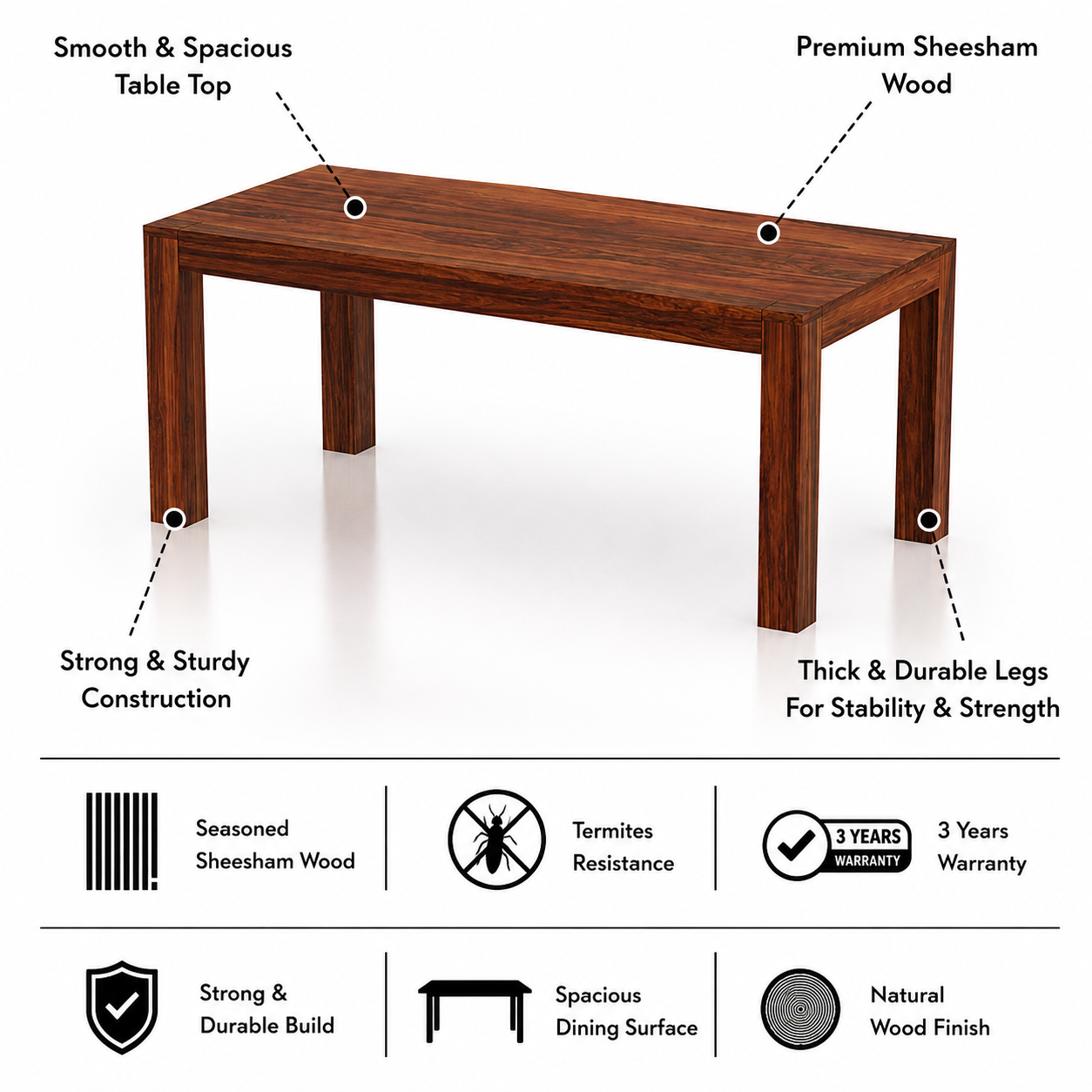 Mayor Solid Sheesham Wood 6 Seater Dining Table - 3 Years Warranty features