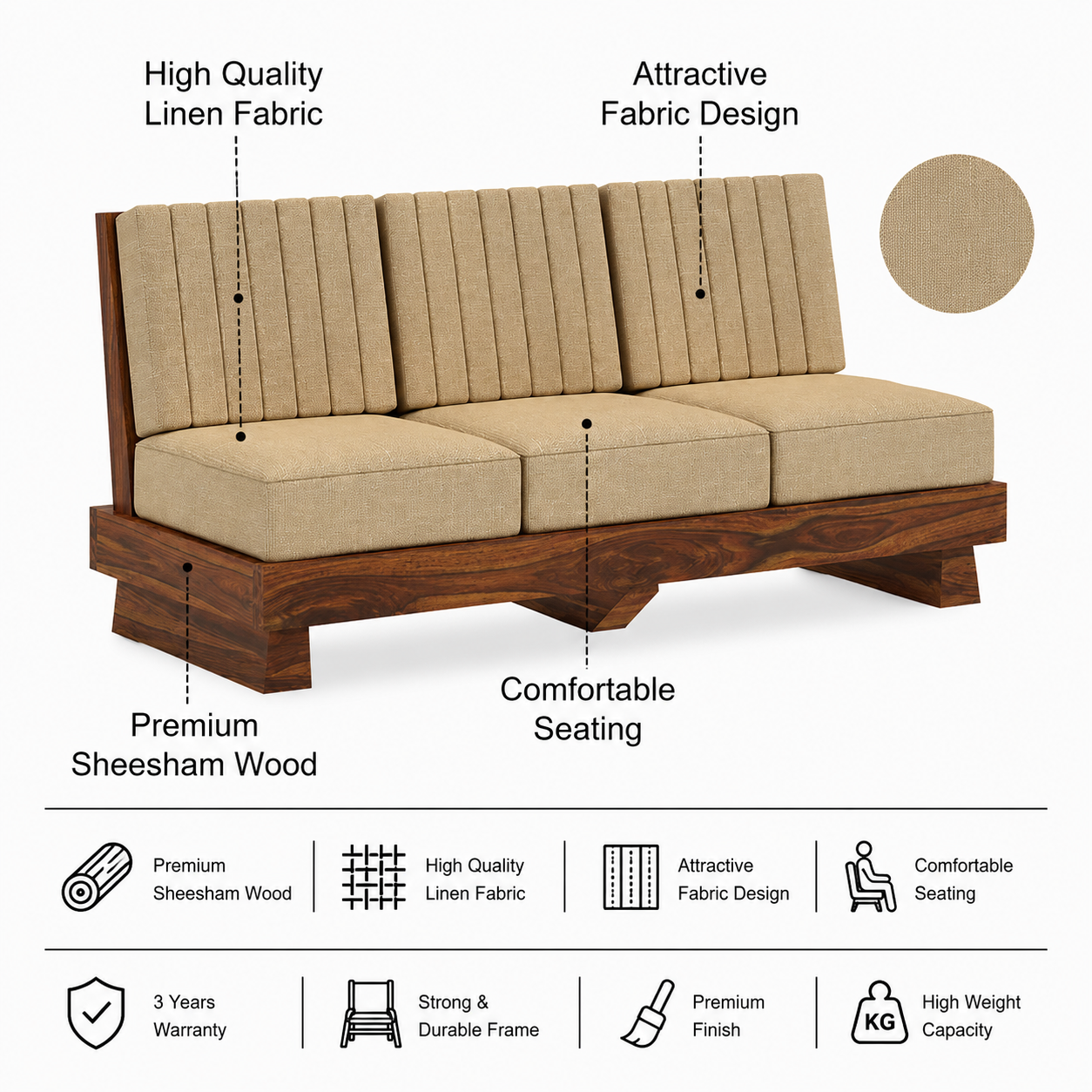 RONNY Solid Sheesham Wood 3 Seater Sofa - 3 Year Warranty (LUXE EDITION) features