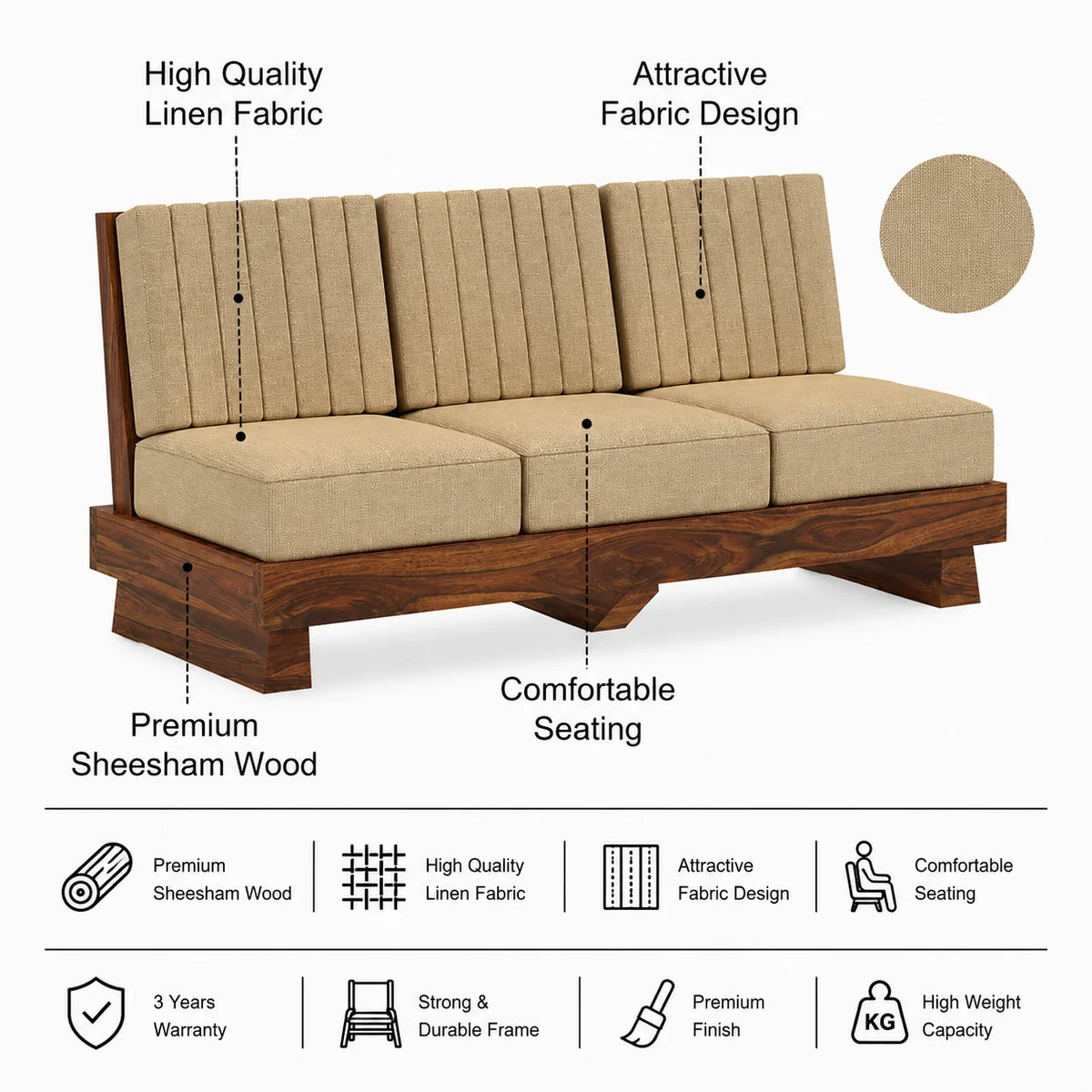 RONNY Solid Sheesham Wood 3 Seater Sofa - 3 Year Warranty (LUXE EDITION)