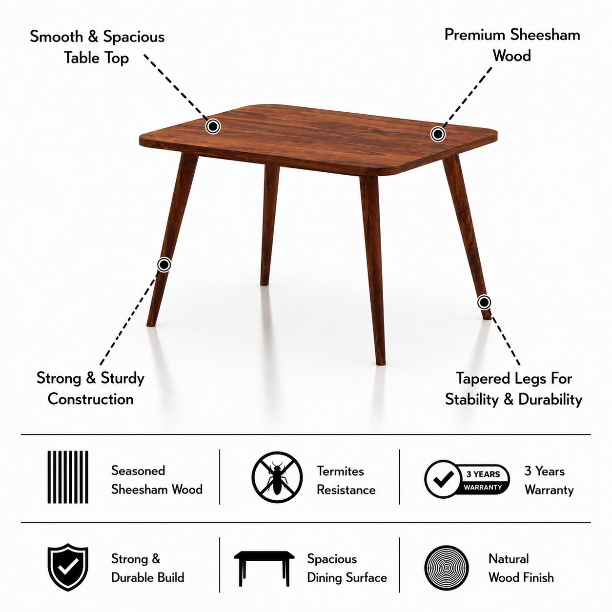 Oval Solid Sheesham Wood 4 Seater Dining Table - 3 Years Warranty features