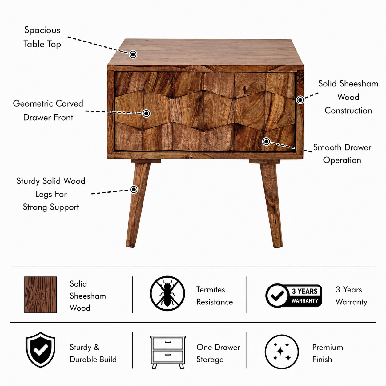 Monte Solid Sheesham Wood Bedside Table With One Drawer - 3 Years Warranty features