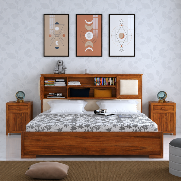 Maharaja Solid Sheesham Wood Bed with Box and Headboard Storage - 3 Years Warranty