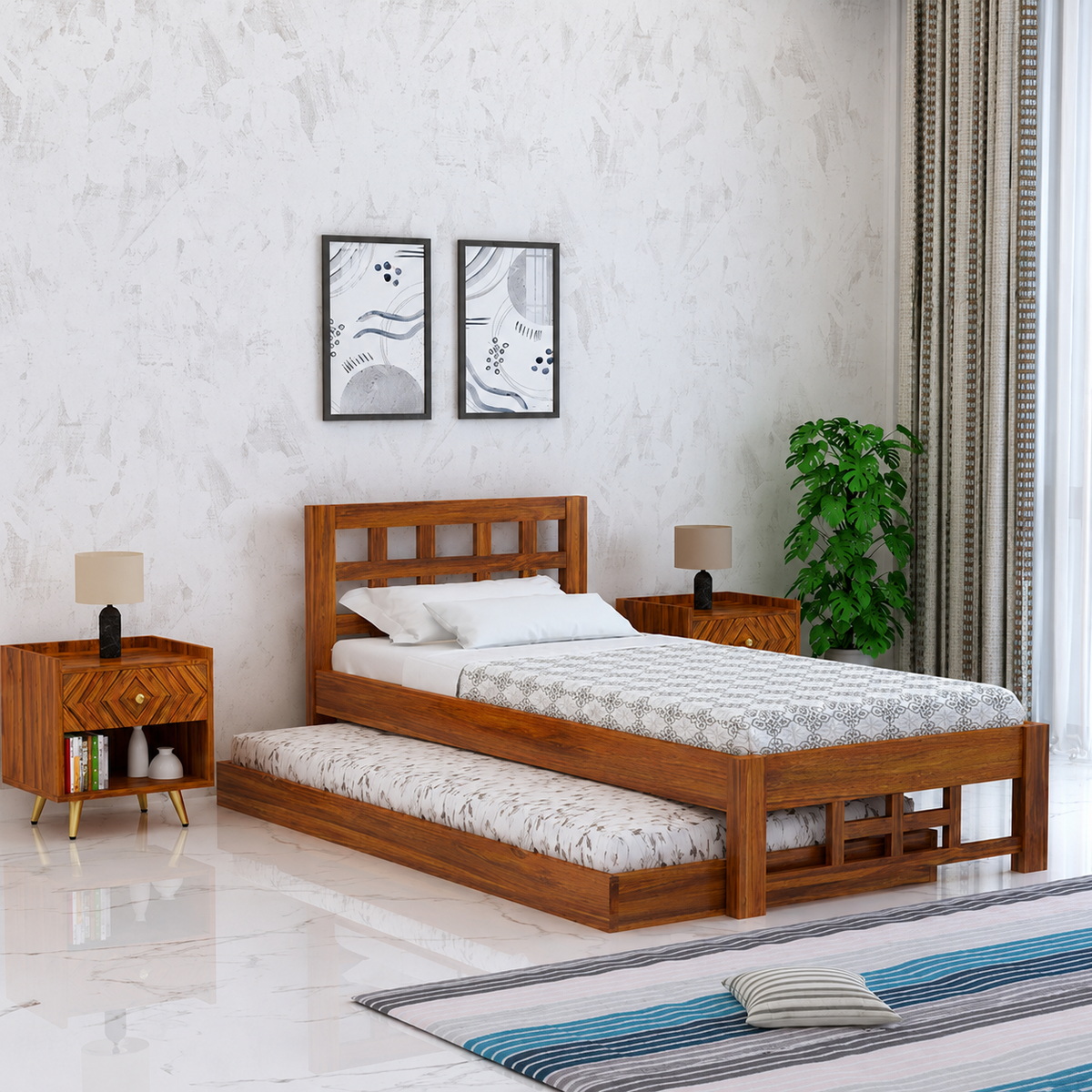 Simons Solid Sheesham Wood Single Trundle Bed - 3 Years Warranty