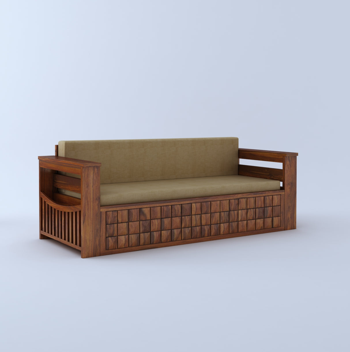 OSLO Solid Sheesham Wood 3 Seater Sofa Cum Bed With Headboard and Mini Storage - 3 Years Warranty
