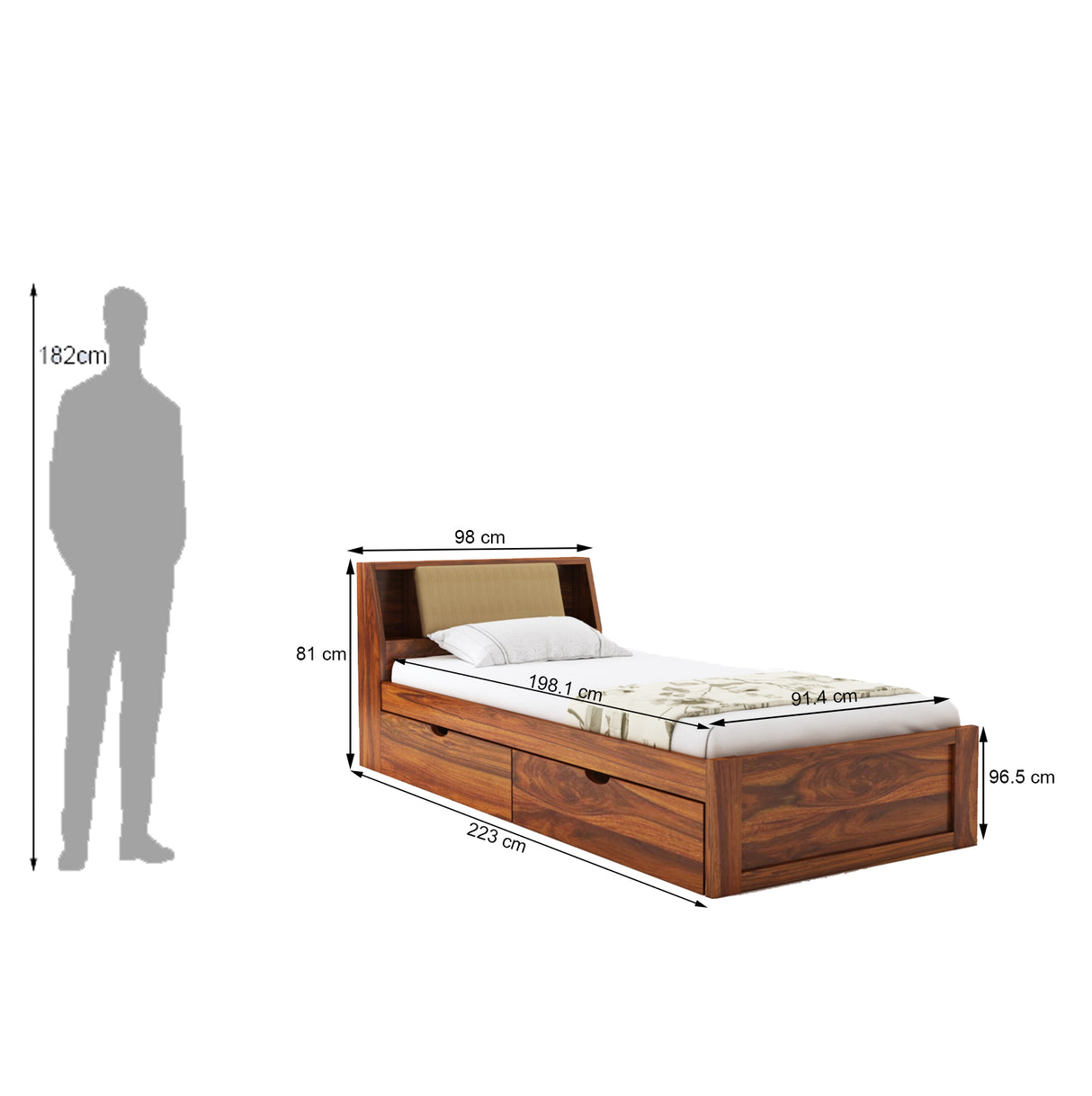 Mayor Solid Sheesham Wood Single Bed With Headboard and Drawer Storage - 3 Years Warranty