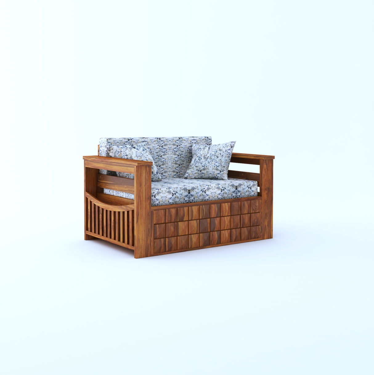 OSLO Solid Sheesham Wood 2 Seater Sofa Cum Bed With Side Pocket FLORAL - 3 Years Warranty