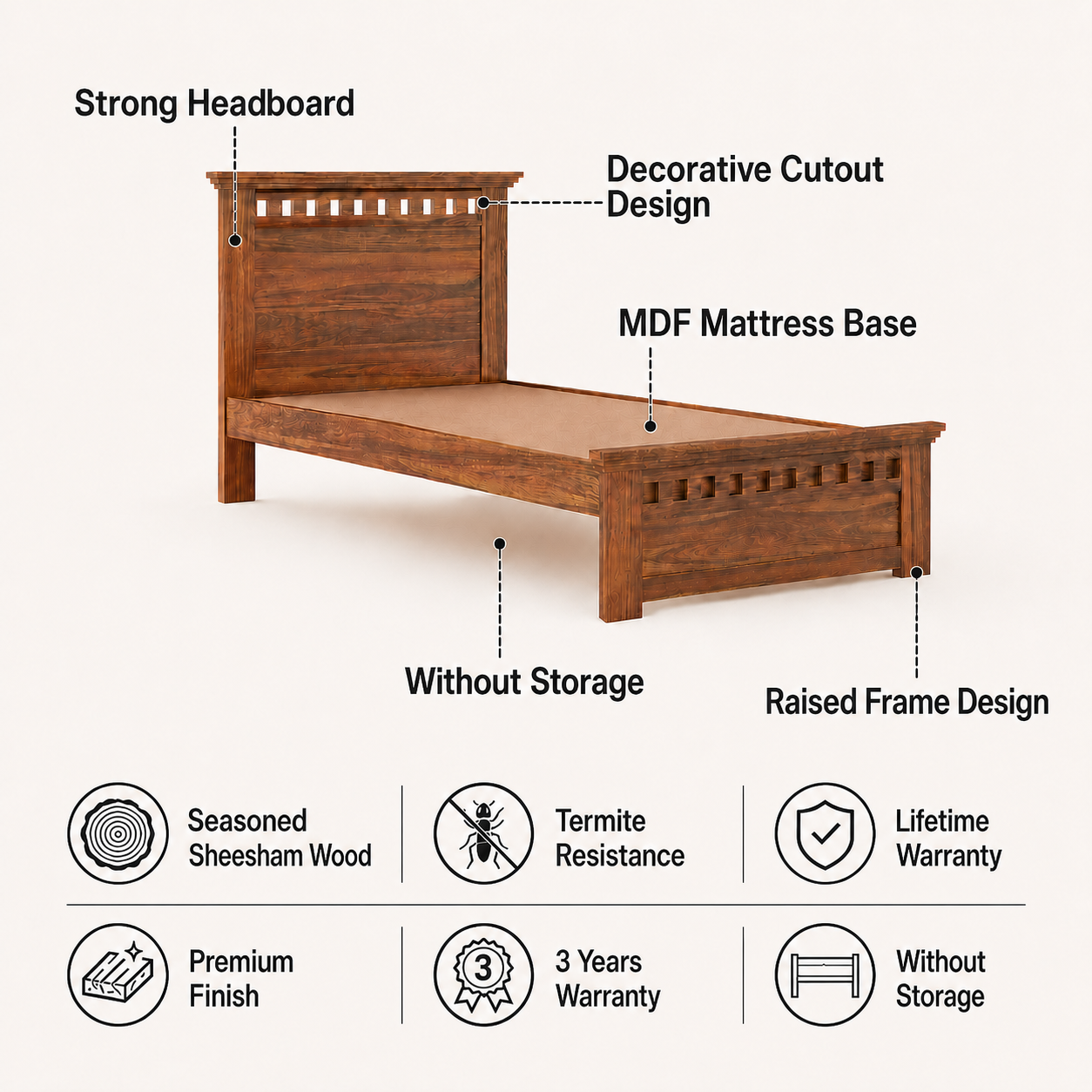 Armania Solid Sheesham Wood Single Size Bed Without Storage - 3 Years Warranty features