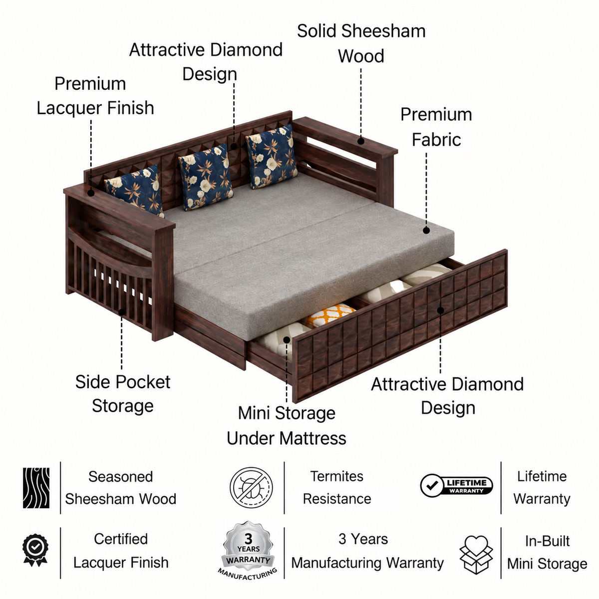 OSLO Solid Sheesham Wood 3 Seater Sofa Cum Bed With Headboard and Mini Storage - 3 Years Warranty