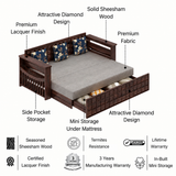 OSLO Solid Sheesham Wood 3 Seater Sofa Cum Bed With Headboard and Mini Storage - 3 Years Warranty
