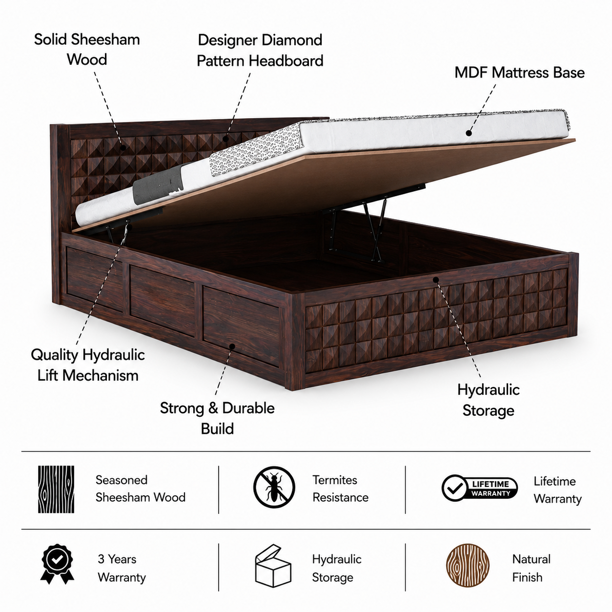 Oslo Diamond Solid Sheesham Wood Hydraulic Storage Bed - 3 Years Warranty features