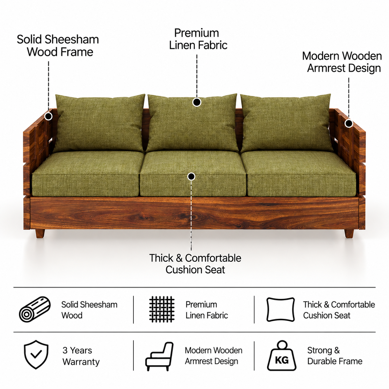Cairo Solid Sheesham Wood 3 Seater Sofa - 3 Year Warranty (LUXE EDITION) features