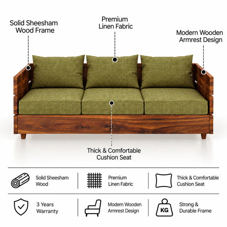 Cairo Solid Sheesham Wood 3 Seater Sofa - 3 Year Warranty (LUXE EDITION)