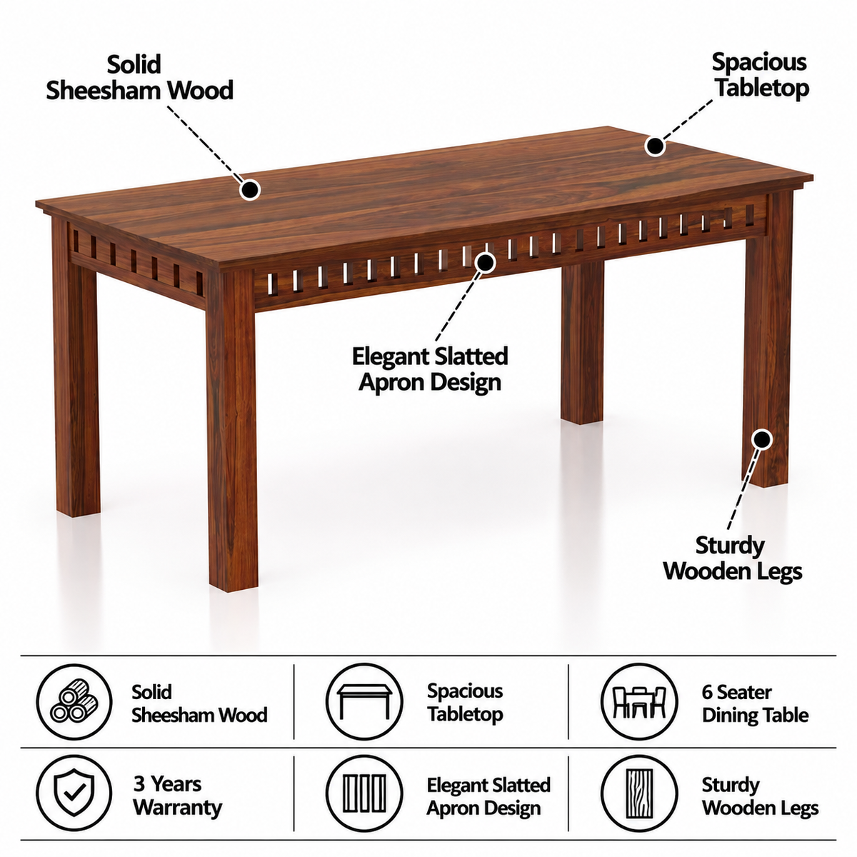 Armania Solid Sheesham Wood 6 Seater Dining Table - 3 Years Warranty features