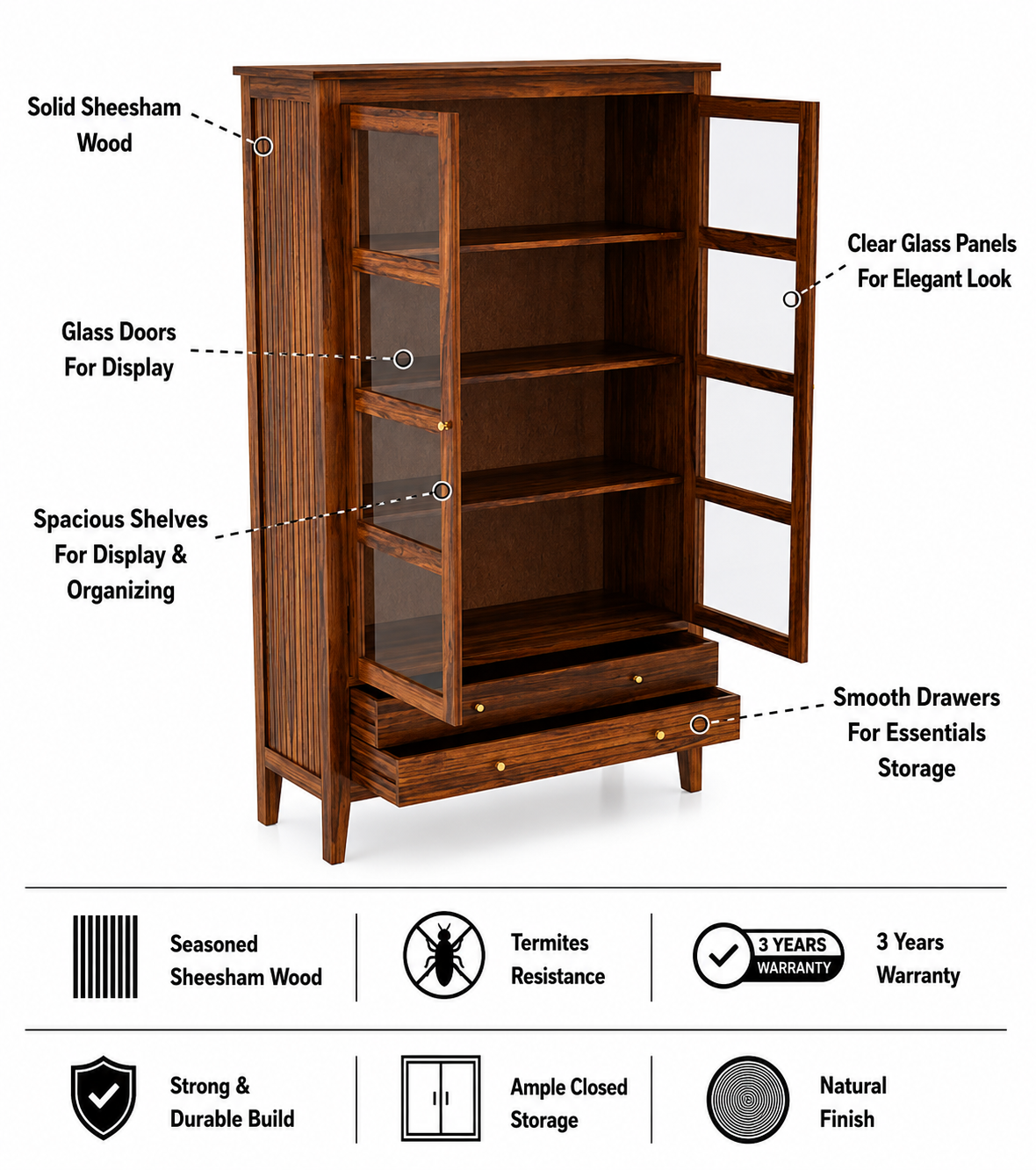 Italian Solid Sheesham Wood Display Unit - 3 Years Warranty features
