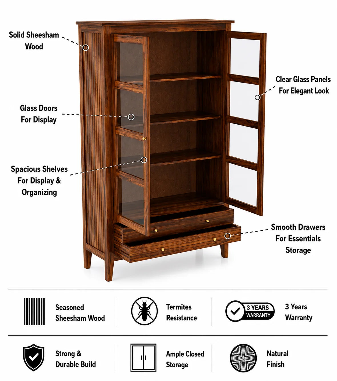 Italian Solid Sheesham Wood Display Unit - 3 Years Warranty