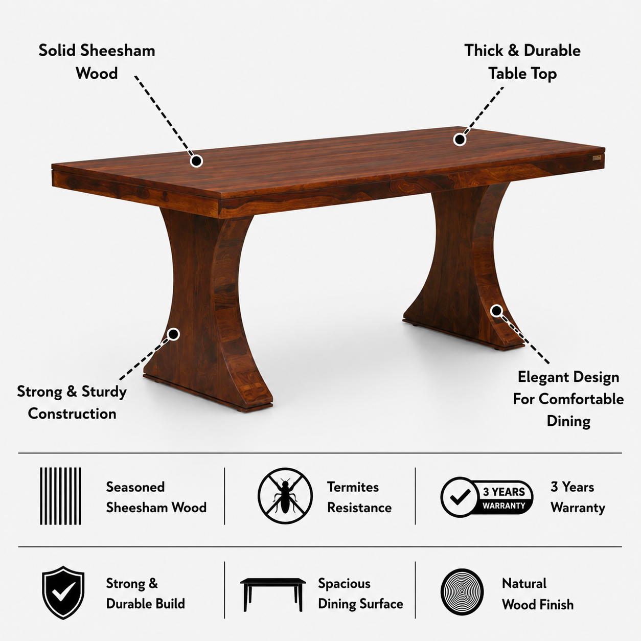 Maron Solid Sheesham Wood 6 Seater Dining Table - 3 Years Warranty features