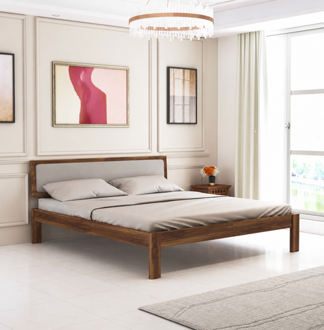Euro Solid Sheesham Wood Bed With Upholstered Headboard - 3 Years Warranty