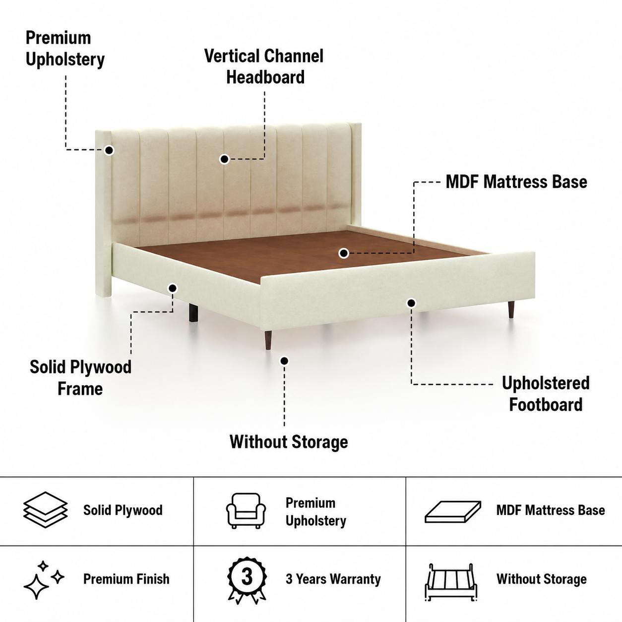 Emperor Upholstered Without Storage Bed-12 Months Warranty(LUXE EDITION) features