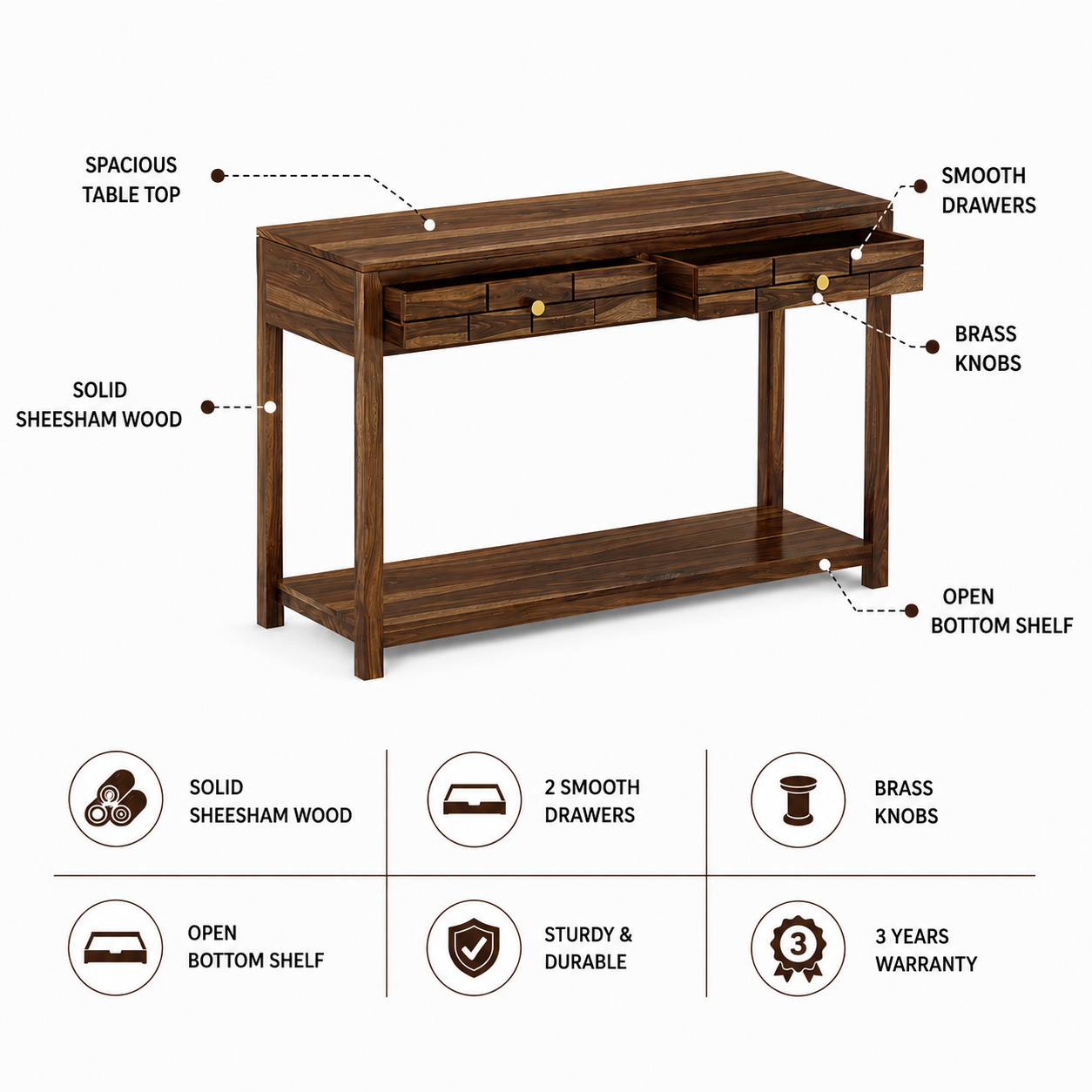 Italian Solid Sheesham Wood Console Table With Two Drawer - 3 Years Warranty features