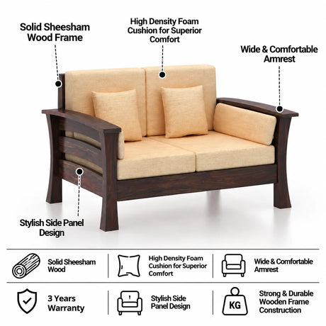 Nirvana Solid Sheesham Wood 2 Seater Sofa - 3 Years Warranty