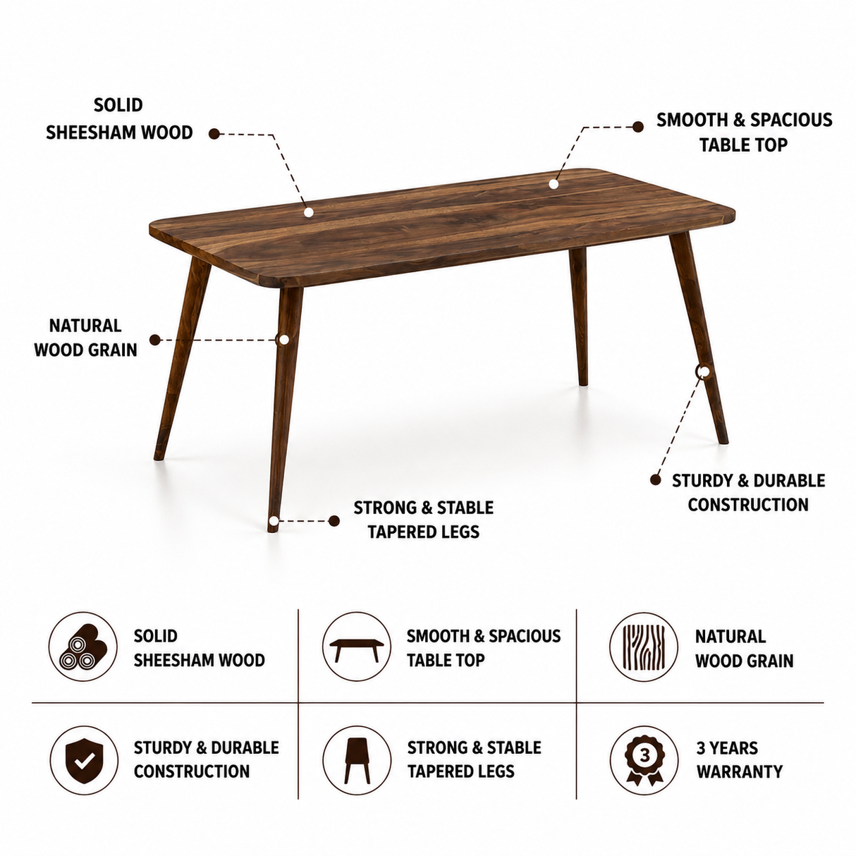 Emporio Solid Sheesham Wood 6 Seater Dining Table - 3 Years Warranty