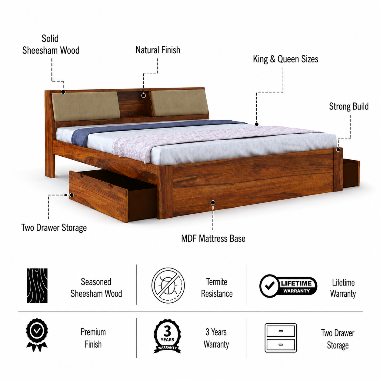 Mayor Solid Sheesham Wood Bed with Two Drawer Storage Natural - 3 Years Warranty features
