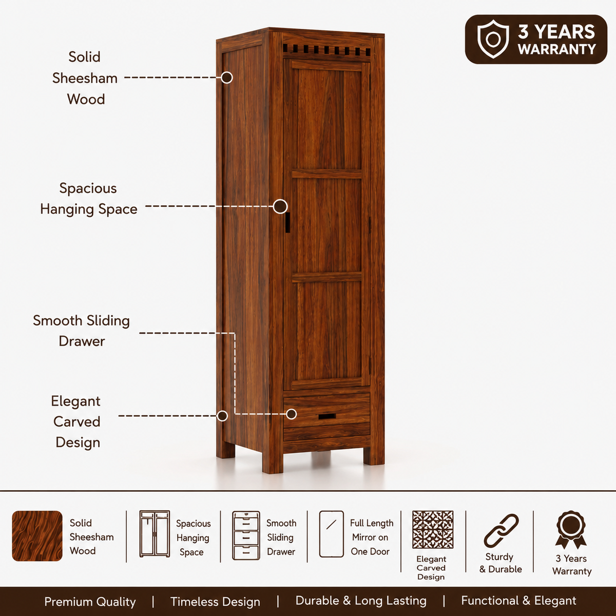 Armania Solid Sheesham Wood 1 door Wardrobe/Almirah - 3 years Warranty features
