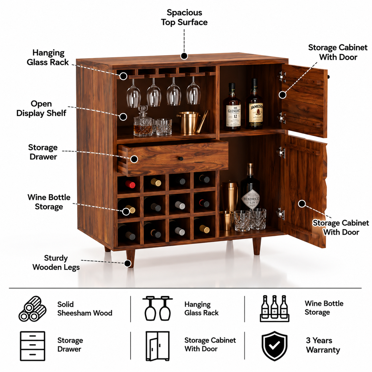 Raj Solid Sheesham Wood Bar Cabinet - 3 Year Warrranty features
