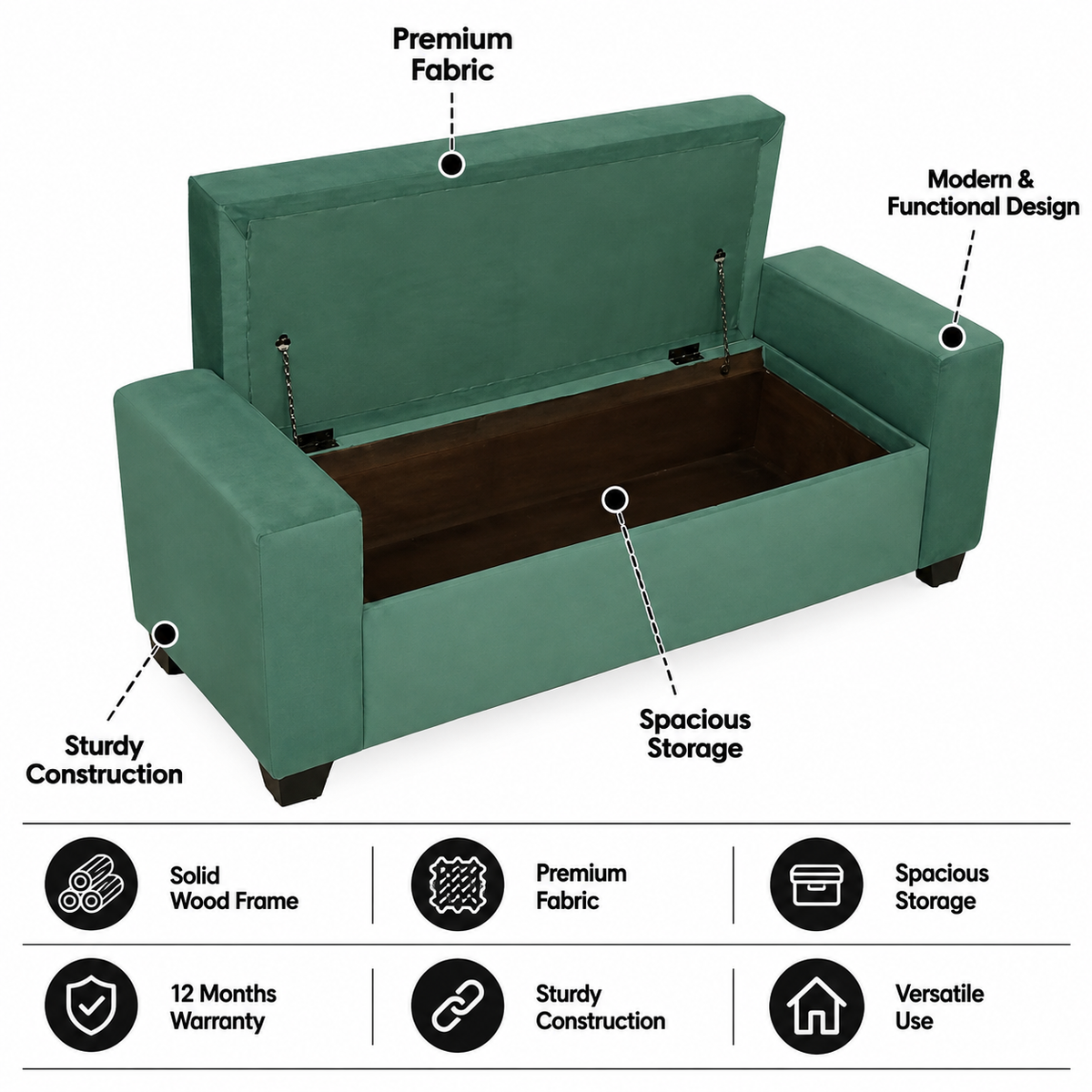 BOLT Upholstered Ottoman Bench With Storage - 12 Months Warranty(Oasis Color) features