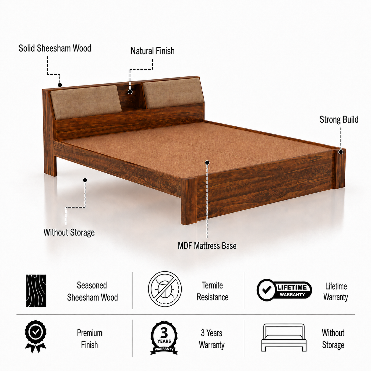 Mayor Solid Sheesham Wood Bed Without Storage - 3 Years Warranty features