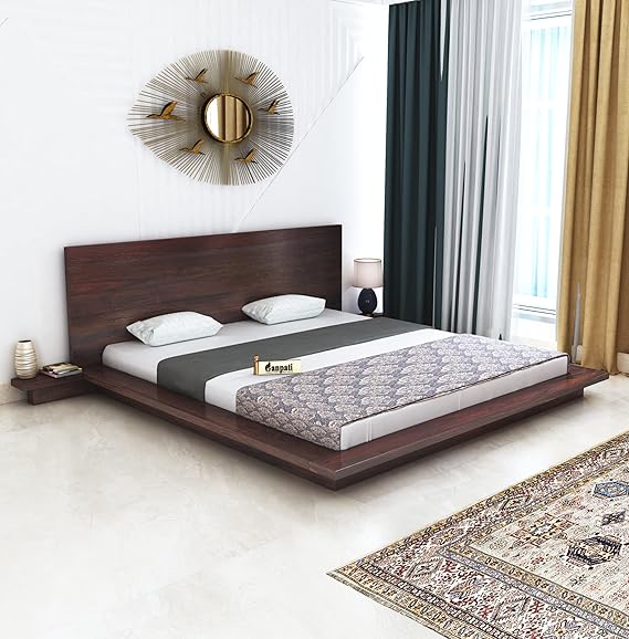 Lurid Solid Sheesham Wood Low Height Platform Bed with bedsides - 3 years Warranty