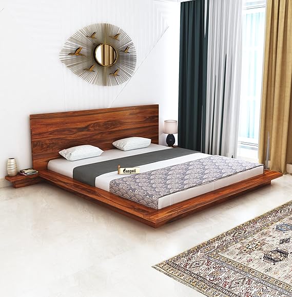 Lurid Solid Sheesham Wood Low Height Platform Bed with bedsides - 3 years Warranty