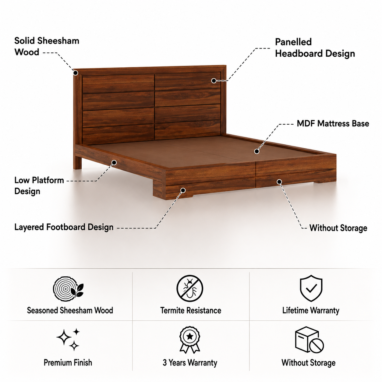 Live Solid Sheesham Wood Edge Bed - 3 Years Warranty features