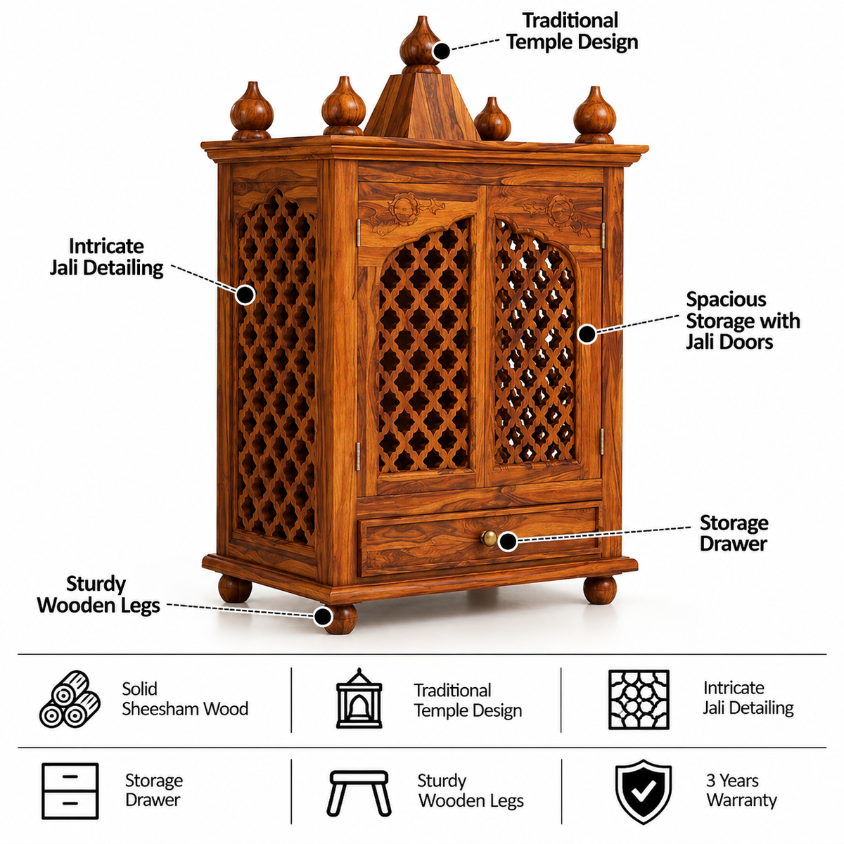 Aastha Solid Sheesham Wood Mandir - 3 years Warranty features