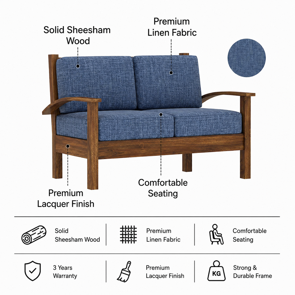 DELTA Solid Sheesham Wood 2 Sofa - 3 Year Warranty (LUXE EDITION) features