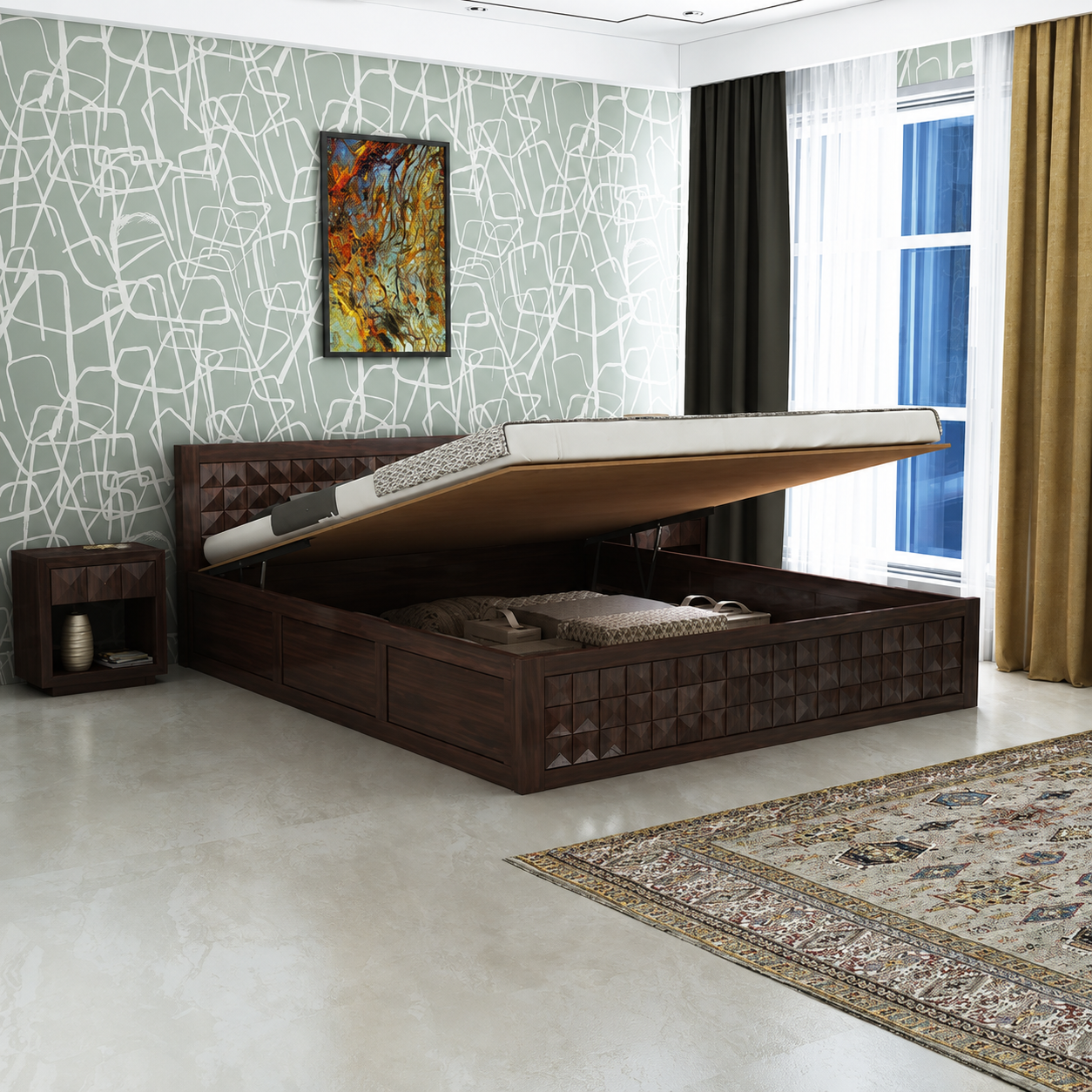 Oslo Diamond Solid Sheesham Wood Hydraulic Storage Bed - 3 Years Warranty