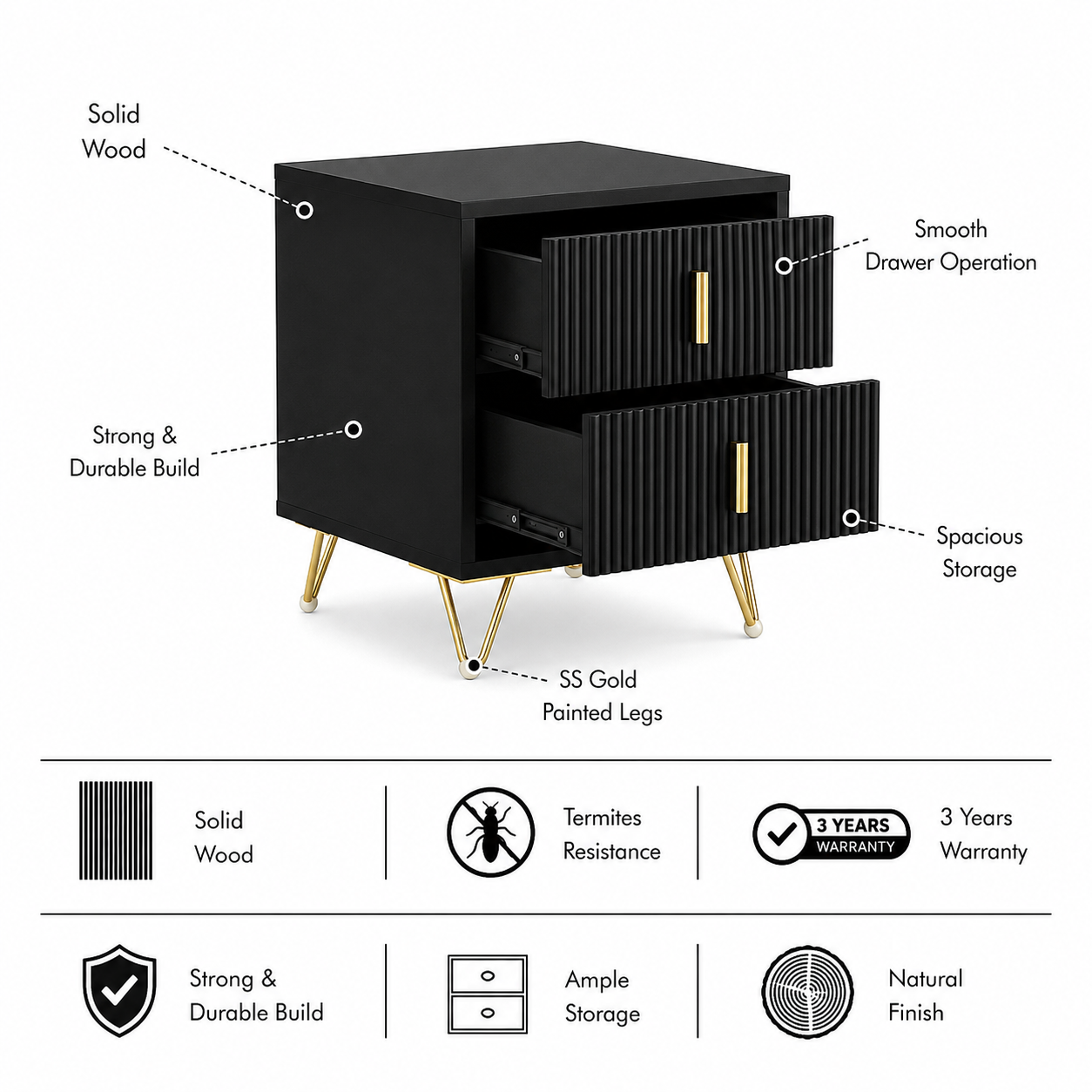 ROBERT Solid Wood Bedside Table With 2 Drawers Storage - 3 Years Warranty (LUXE EDITION) features