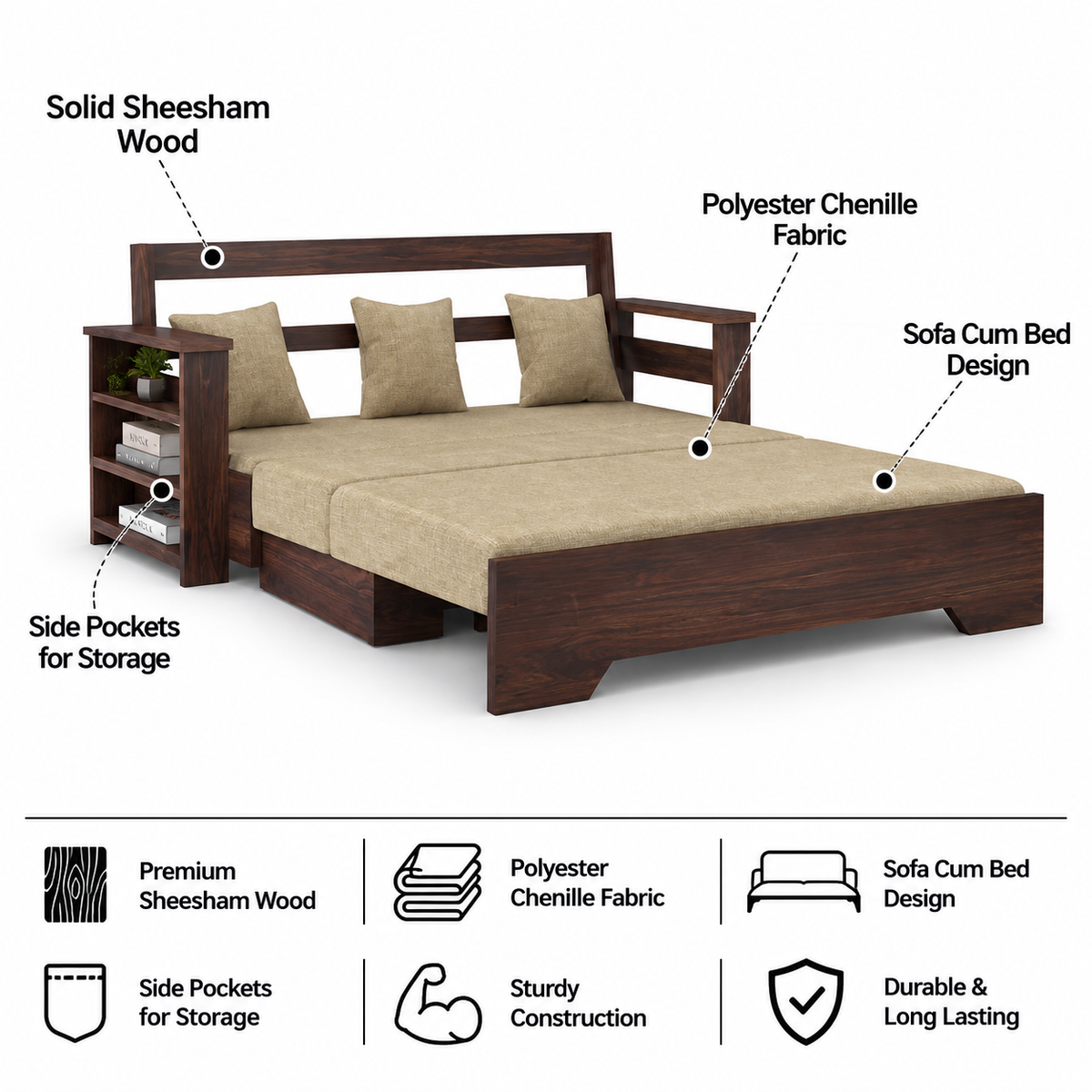 Foster Solid Sheesham Wood 3 Seater Sofa Cum Bed With Side Pockets - 3 Years Warranty